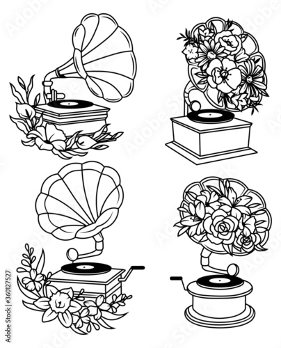 Set of gramophone with flowers. Сollection of  floral retro scrapbooks for music records. Set of vinyl players. Vector illustration of music playing equipment.