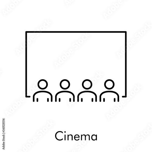 Icono plano lineal con palabra cinema con pantalla y audiencia sentada en color negro