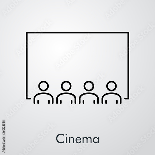 Icono plano lineal con palabra cinema con pantalla y audiencia sentada en fondo gris