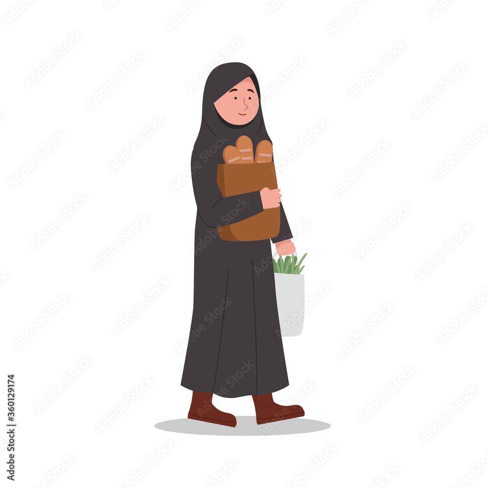 Happy Arabian Girl Carrying Groceries After Shopping Cartoon Illustration