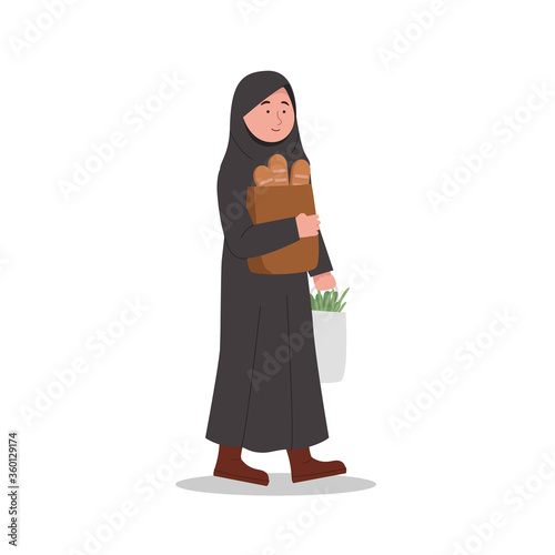 Happy Arabian Girl Carrying Groceries After Shopping Cartoon Illustration