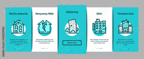 Broken House Building Onboarding Mobile App Page Screen Vector. Crashed And Abandoned Building, Demolition Damaged Construction And Plant, Color Illustrations