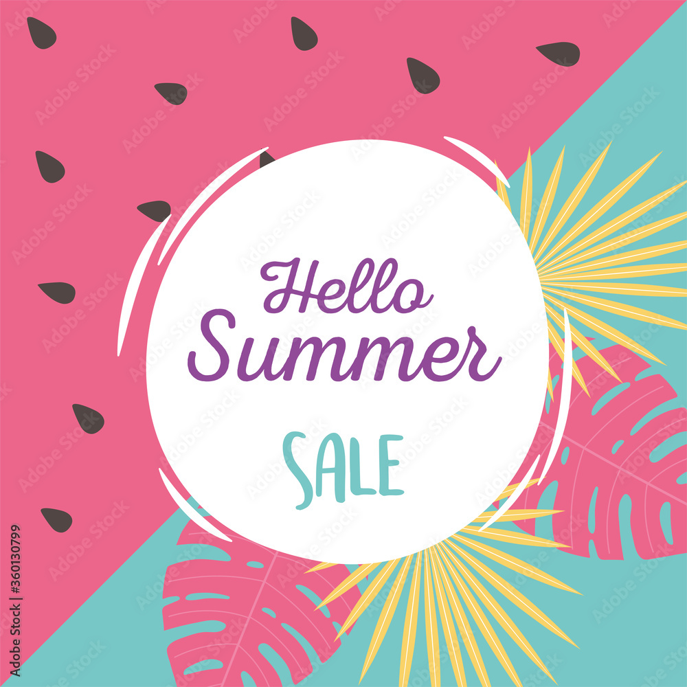 exotic tropical leaves watermelon background, hello summer sale lettering