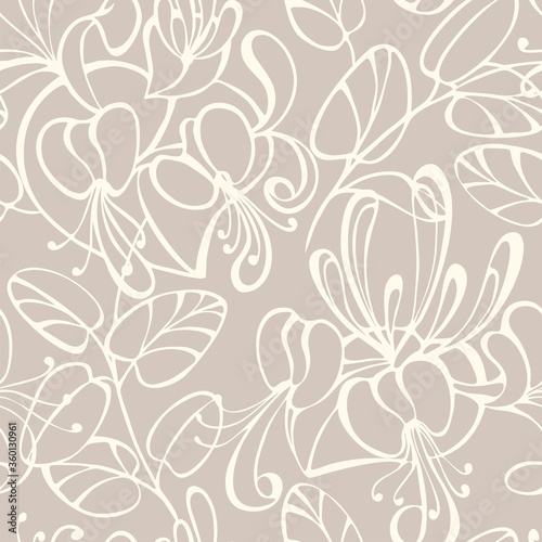 Summer seamless pattern. Blossom flowers and leaves on a beige background. Outline drawing.