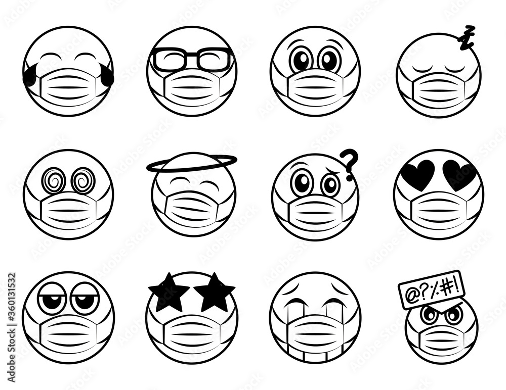 emoticon with medical mask coronavirus covid-19 pandemic, line cartoon style icons set