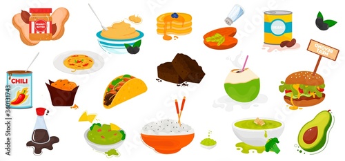 World cuisine food and meals icons isolated on white background. Vector illustration. Vegetarian and healthy food menu