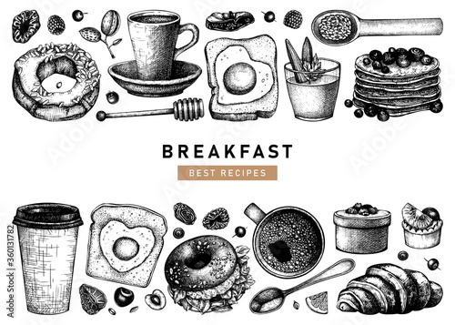 Hand sketched breakfast illustrations collection. Morning food and hot drinks menu vector template. Breakfast and brunch dishes background. Vintage hand drawn food sketches.