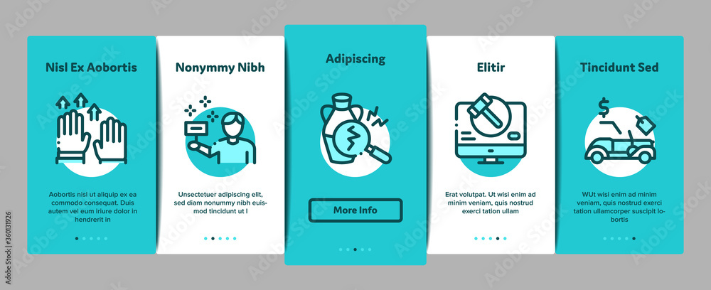 Fototapeta premium Auction Buying And Selling Goods Onboarding Mobile App Page Screen Vector. Internet Auction And Application, Hammer And Car, Agreement And Bid, House And Picture Color Illustrations
