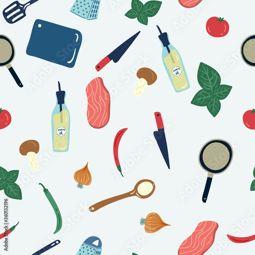 seamless pattern with hand drawn cooking tools and ingredients.