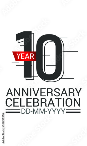 10 year anniversary Speed Style celebration, minimalist logo, jubilee, red ribbon line design black on white background for greeting card. invitation, banner - Vector