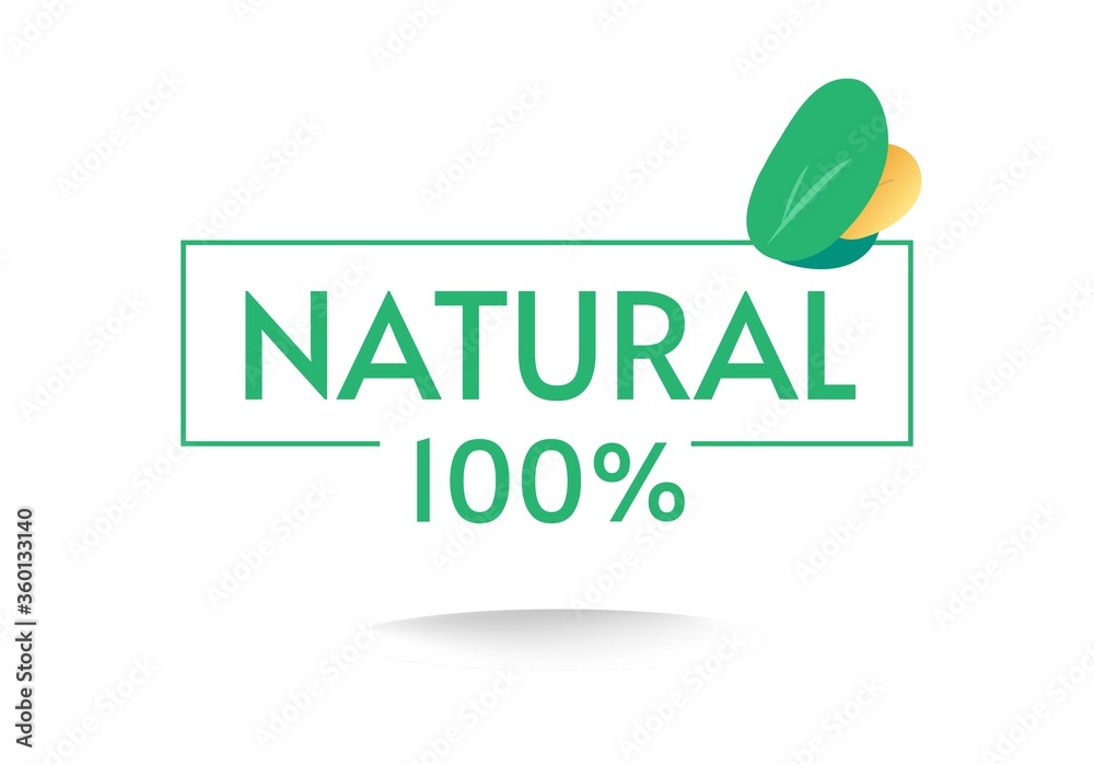 Healthy organic food label icon with 100 percent natural stamp text and green leaves flat cartoon design illustration, concept of bio 100 pure guarantee tag isolated on white Healthy organic food label icon with 100 percent natural stamp text and green leaves flat cartoon design illustration, concept of bio 100 pure guarantee tag isolated on white