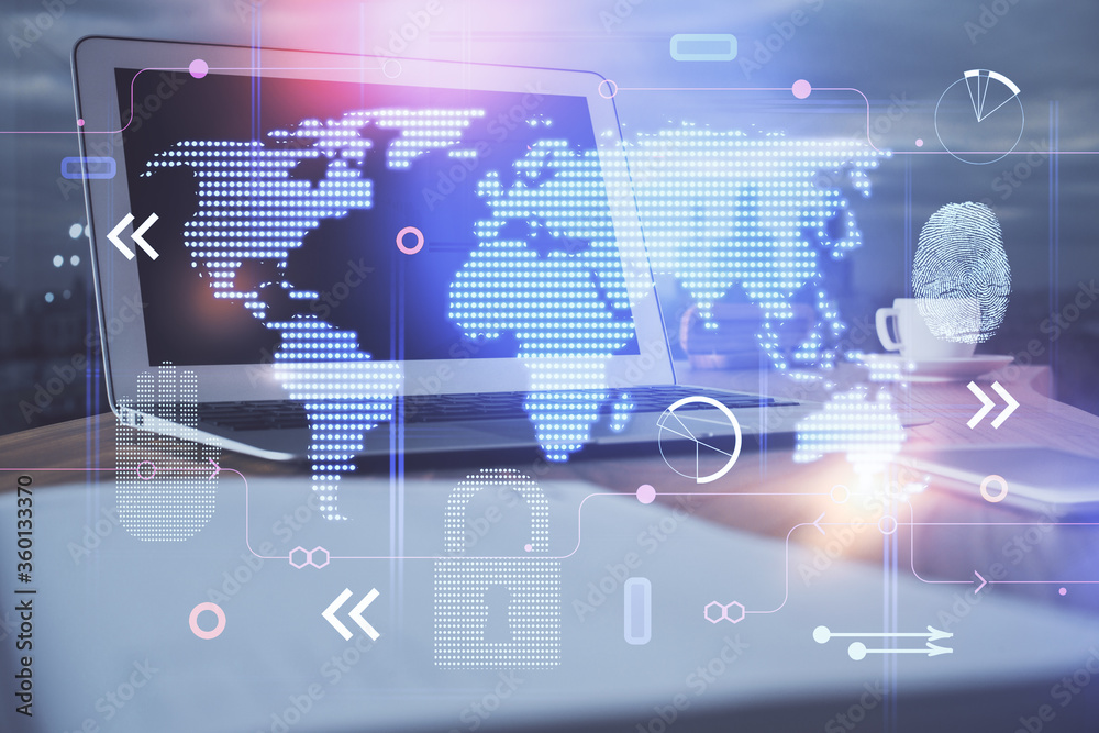 Multi exposure of table with computer and world map hologram. International data network concept.