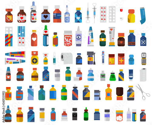 Set of drugs Medicine, pharmacy, pills and medicine bottle, Pills blister with capsule injection needle,Scissors.