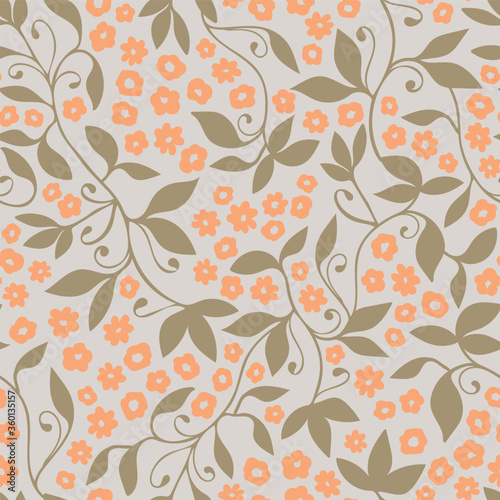 Green orange floral tendril seamless vector pattern background for fabric, scrapbooking projects, wallpaper.