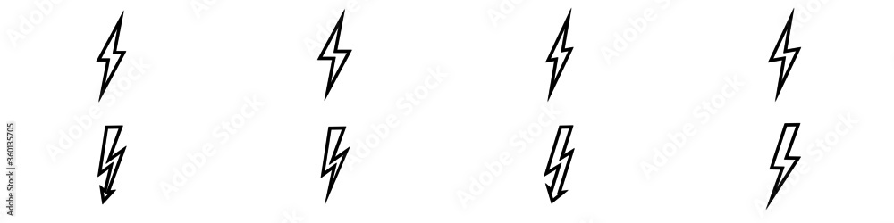 Set of line icons representing lightning bolt, lightning strike or thunderstorm. Suitable for voltage, electricity and power signs. Vector Illustration Set of line icons representing lightning bolt, lightning strike or thunderstorm. Suitable for voltage, electricity and power signs. Vector Illustration