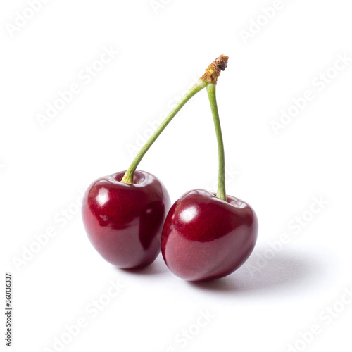 Two ripe cherries isolated on white background