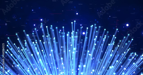 Fiber Optic Cables High Speed Data Transfer With Numbers. Futuristic Computer And Technology Related 3D Illustration Render