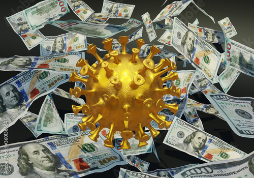 Golden coronavirus and money. 3d render