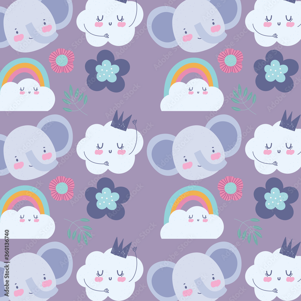 faces elephant flowers rainbow cloud cartoon cute animals characters background