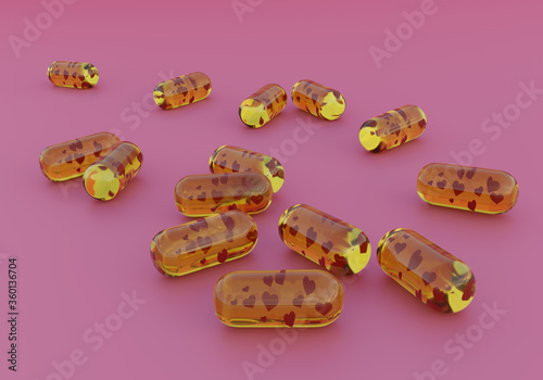 Love pills. realistic heart pills. 3d render