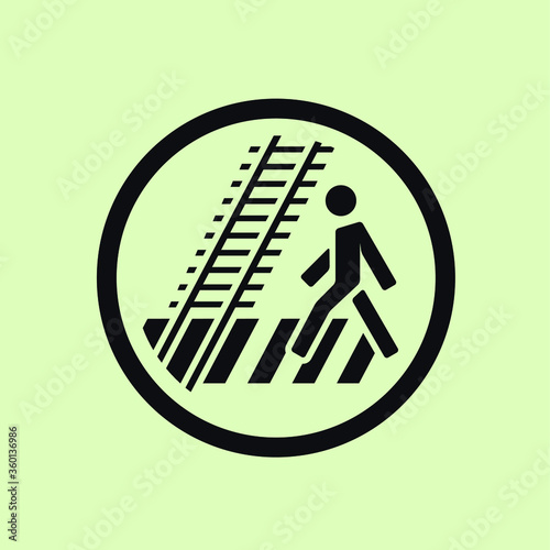 Railway crossing on crosswalk safe here sign. Man walking on zebra. Railroad traversal, pedestrian rails crosing pictogram for navigation signs and infographics. Monochrome filled vector eps illustrat