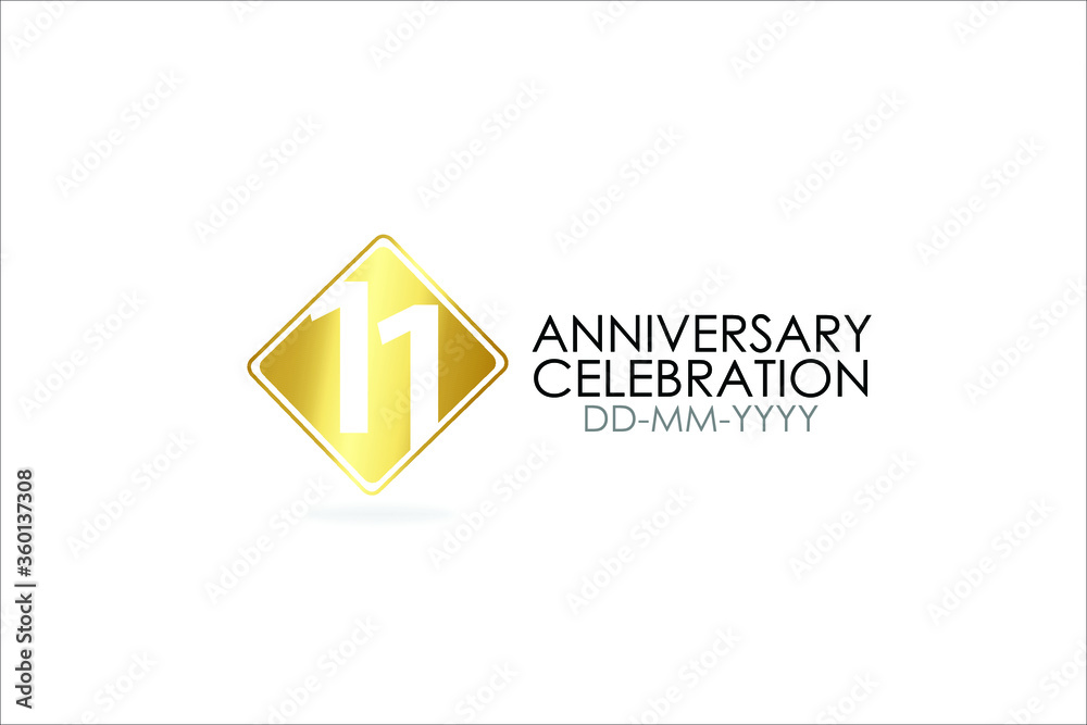 Fototapeta premium 11 year anniversary, minimalist logo years, jubilee, greeting card. Birthday invitation.Sign Flag Gold space vector illustration on white background - Vector