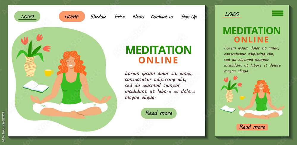 Web page and app mobile design template for online yoga and neditation classes. Redhead girl meditates sitting in lotus position at home. Stock modern flat illustration concept for landing page. Web page and app mobile design template for online yoga and neditation classes. Redhead girl meditates sitting in lotus position at home. Stock modern flat illustration concept for landing page.