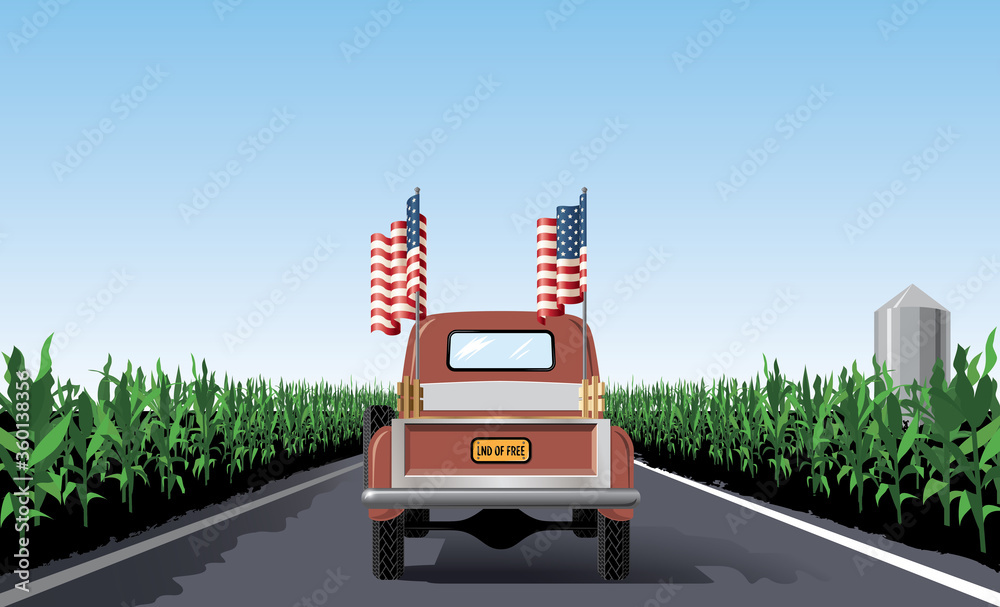Vintage Truck Driving on a Country Road among Corn Fields Vector ...