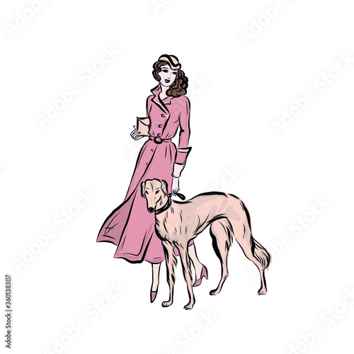 Woman dressed in victorian old fashioned style clothes. Elegant woman in vintage style with flowers walking with dog. Lady of 19th century.