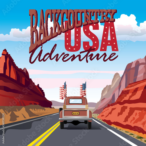 Vintage Truck Driving on a Mountain Road Vector Illustration with Backcountry Adventure USA Heading