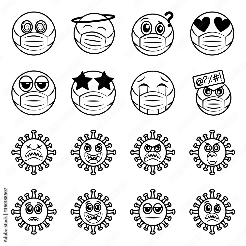 emoticon with medical mask and virus coronavirus covid-19 pandemic, line cartoon style icons set