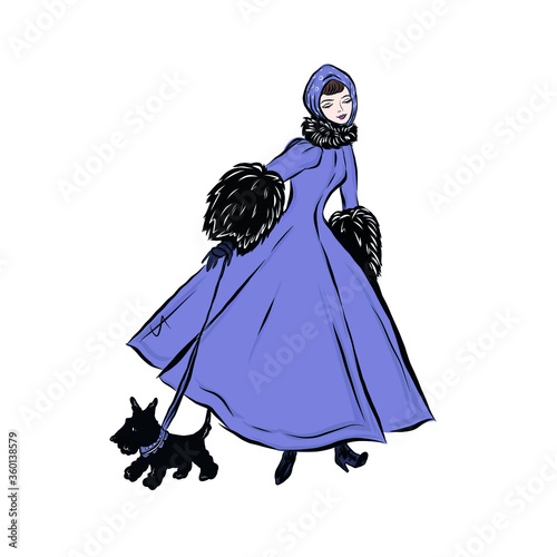 Elegant vintage woman in fur coat walking with dog. Woman dressed in victorian old fashioned style clothes. Lady of 19th century.