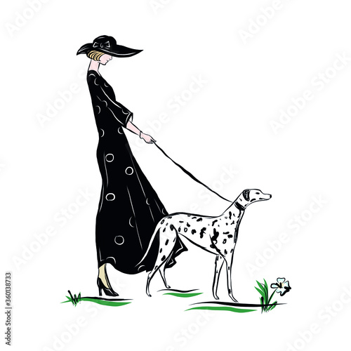 Elegant woman in vintage style walking with dalmatian dog. Woman dressed in victorian old fashioned style clothes. People of 19th century.