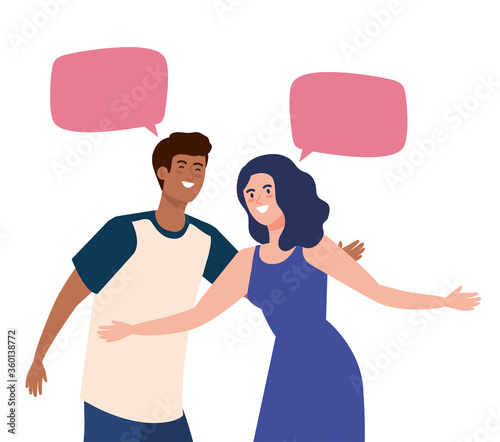 happy couple talking with speech bubbles, celebrating holiday