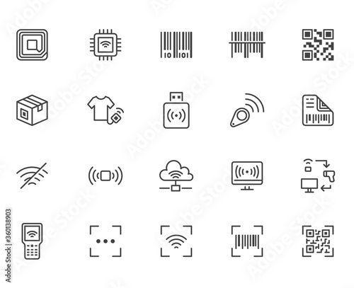 RFID, qr code, barcode line icon set. Price tag scanner, label reader, identification microchip vector illustration. Simple outline signs retail safety application. Pixel Perfect Editable Stroke