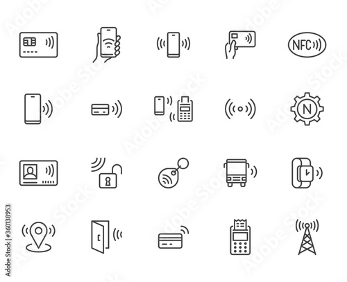NFC line icon set. Near Field Communication technology, contactless payment, card with chip minimal vector illustration. Simple outline signs for smartphone pay. Pixel Perfect. Editable Strokes
