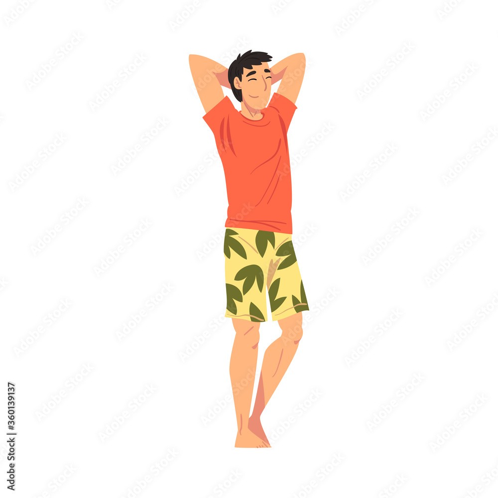 Relaxed Young Man Standing Throwing Hands Over His Head, Lounging Male