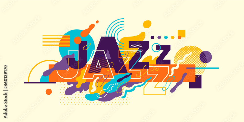 Naklejka premium Projekt banera jazzowego z typografią, wykonany z różnych płynnych i geometrycznych kształtów w kolorze. Ilustracji wektorowych.