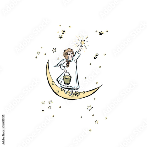 Christmas baby angel in the night sky with stars and moon. Holy child worship god. Ascension Jesus. Symbol of religion.