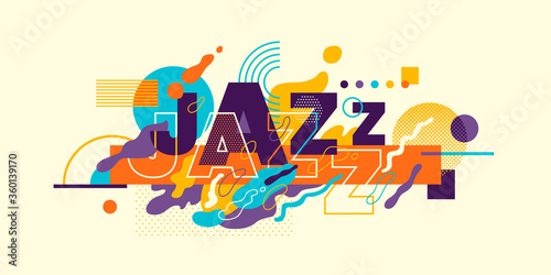 Jazz banner design with typography, made of various fluid and geometric shapes in color. Vector illustration.