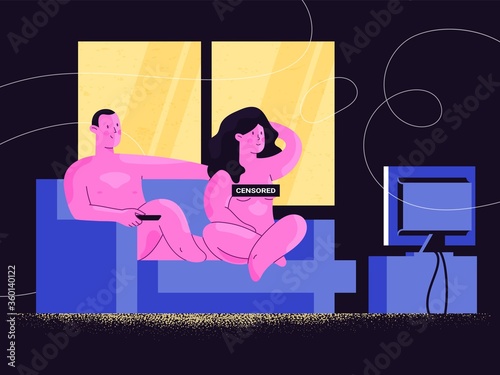 Nude man and woman watching TV show or online video streaming on a sofa with censored sign. Happy nude couple relaxing at home. Harmony in love and sex relationship. Comfort and confidence.