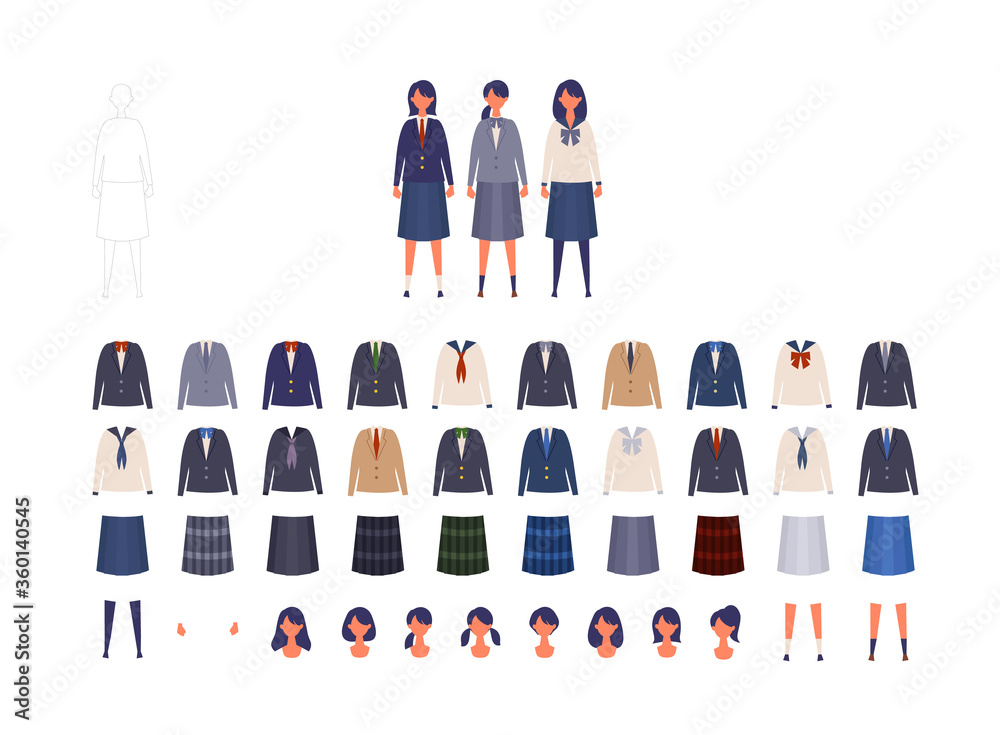 女子高校生 中学生の様々な制服イラストセット 着せ替えできる色々なブレザー セーラー服のベクターイラスト Stock Vector Adobe Stock