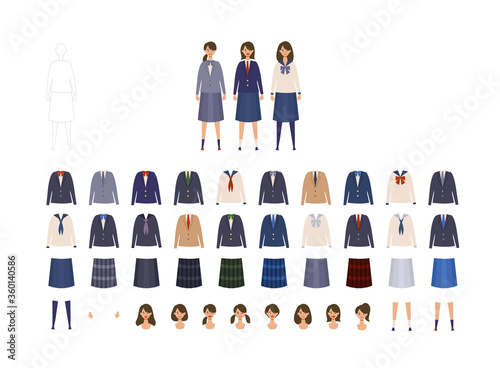 女子高校生、中学生の様々な制服イラストセット　着せ替えできる色々なブレザー、セーラー服のベクターイラスト photo