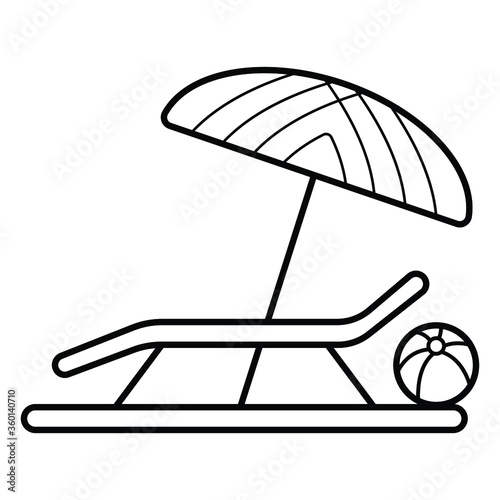 Pool, beach lounger with sun umbrella, parasol sketch icon