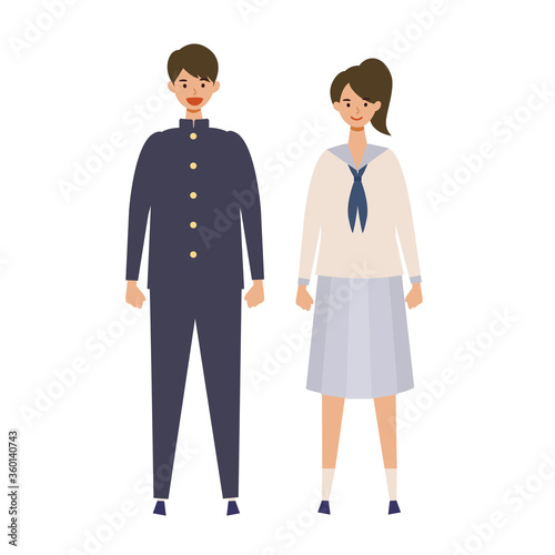 制服を着た男女の学生のイラスト　高校生、中学生　揃いの制服を着た同じ学校の生徒達