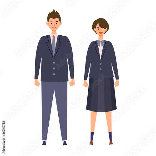 制服を着た男女の学生のイラスト　高校生、中学生　揃いの制服を着た同じ学校の生徒達