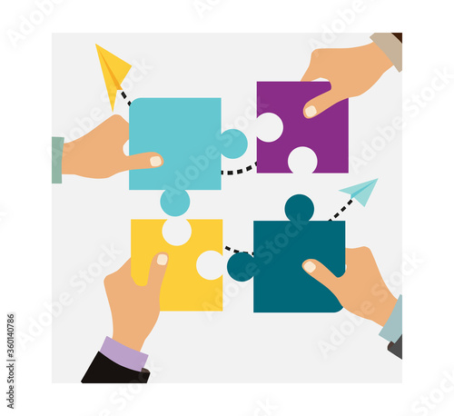 Teamwork concept with building puzzle. People working together with giant puzzle elements. Symbol of partnership and collaboration. Flat vector illustration isolated on white background. eps 10