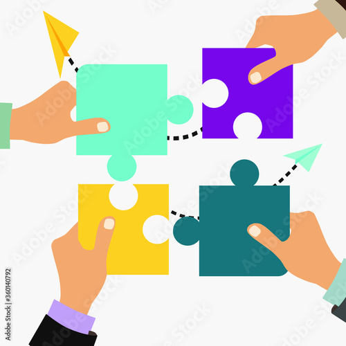 Teamwork concept with building puzzle. People working together with giant puzzle elements. Symbol of partnership and collaboration. Flat vector illustration isolated on white background. eps 10