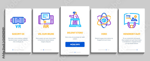 Simulation Equipment Onboarding Mobile App Page Screen Vector. Virtual Reality Vr Glasses And Simulation Device, 360 Degree View And Rotation Arrows Color Illustrations