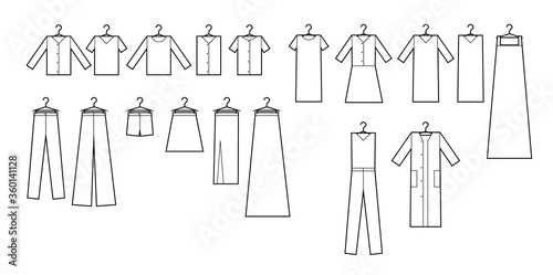 Clothing icons set . Set of clothing icons in black and white.